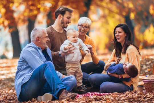 Multl generation family in autumn park having fun